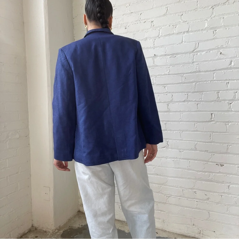 Balenciaga Denim Blue Linen Double Breasted Blazer Jacket - Picture 4 of 5
